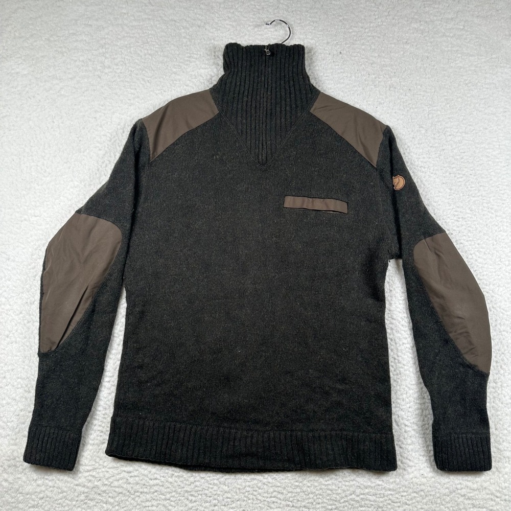 Fjallraven Koster Sweater Mens 1/4 Zip Wool Reinforced Patch L Brown Outdoor